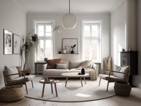 Scandinavian interior style livng room with sofa, coffee table and decoration. Generatvie AI.