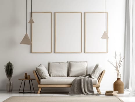 Minimal cozy living room with mock up frame. Generative AI.