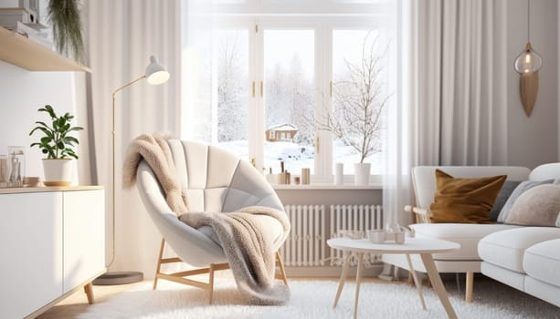 Cozy dreamy minimal livng room with window and sofa in the morning. Generative AI.