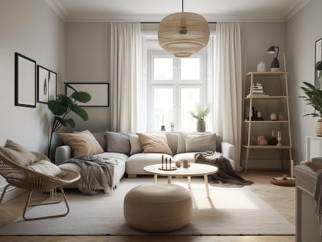 Comfy scandinavian interior living room design with furniture and decorations. Generative AI.
