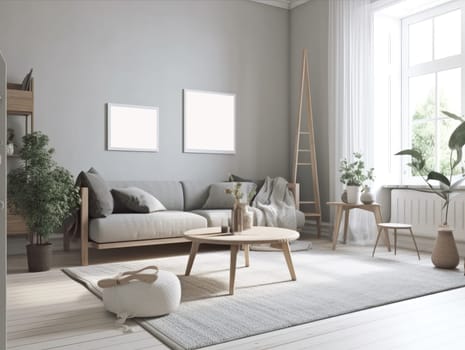 Comfy scandinavian interior living room design with furniture and decorations. Generative AI.