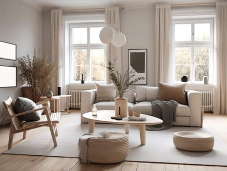 Beautiful furnished scandinavian living room interior with morning light. Generative AI.