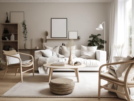 Beautiful cozy beige scandinavian living room with wooden furniture. Generative AI.