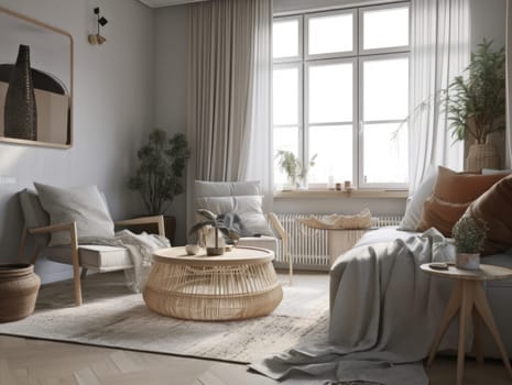 Beautiful cozy beige scandinavian living room with wooden furniture. Generative AI.