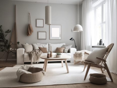 Comfy scandinavian interior living room design with furniture and decorations. Generative AI.