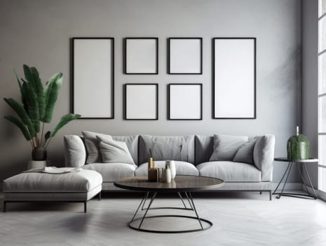 Grey modern living room with mock up frame and modern furniture. Generative AI.