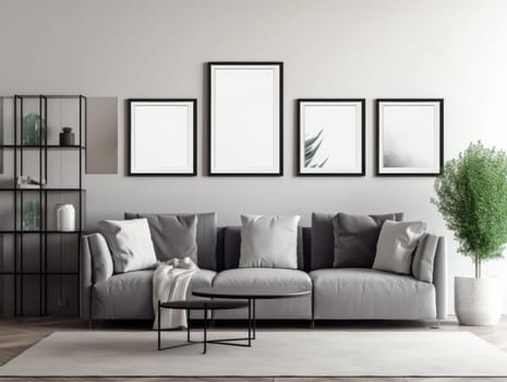 Trendy grey modern living room with mock up frame above sofa. Generative AI.