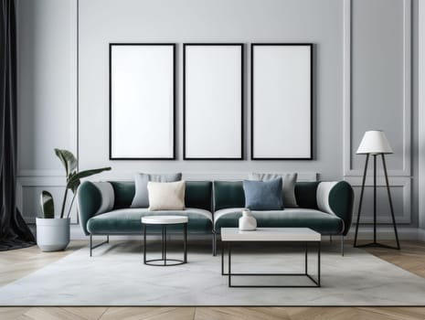 Grey modern living room with mock up frame and modern furniture. Generative AI.