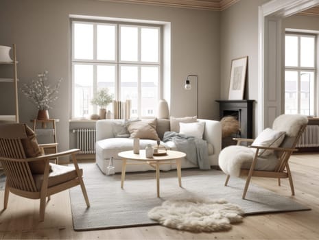 Scandinavian interior design living room with large window. Generative AI.