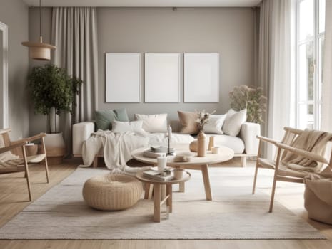 Scandinavian interior design living room with large window. Generative AI.
