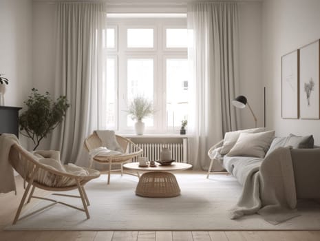 Scandinavian interior design living room with large window. Generative AI.