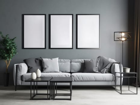 Grey modern living room with mock up frame and modern furniture. Generative AI.