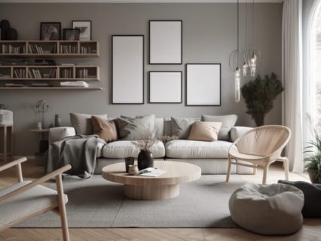 Scandinavian interior design living room with large window. Generative AI.