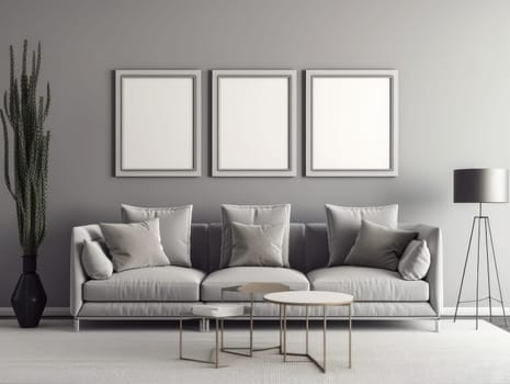 Grey modern living room with mock up frame and modern furniture. Generative AI.