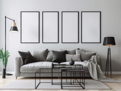 Trendy grey modern living room with mock up frame above sofa. Generative AI.