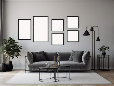 Grey modern living room with mock up frame and modern furniture. Generative AI.