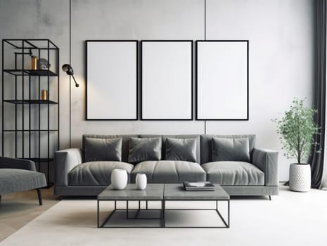 Trendy grey modern living room with mock up frame above sofa. Generative AI.