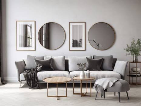 Trendy grey modern living room with mock up frame above sofa. Generative AI.
