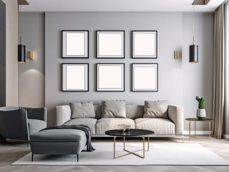 Trendy grey modern living room with mock up frame above sofa. Generative AI.