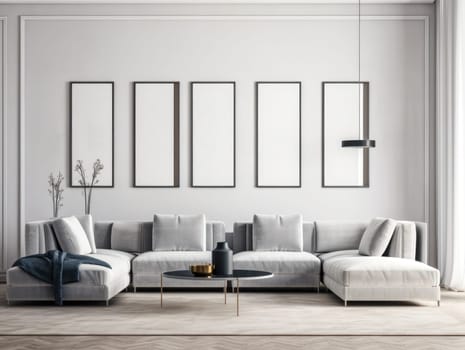 Modern stylish interior living room with mock up frame. Generative AI.