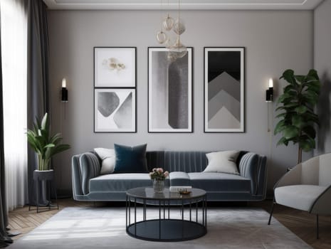Modern stylish interior living room with mock up frame. Generative AI.