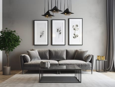 Modern stylish interior living room with mock up frame. Generative AI.