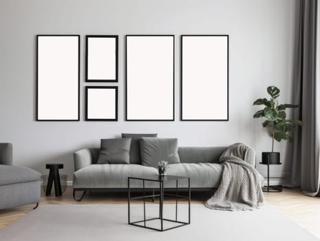 Beautiful Contemporary living room with mock up frame on the wall. Generative AI.