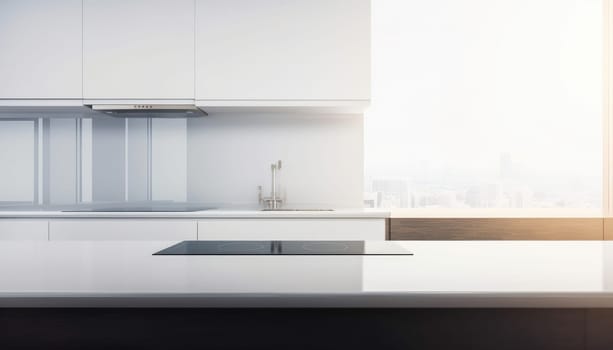 Empty white table and defocused modern kitchen background. Generative AI.