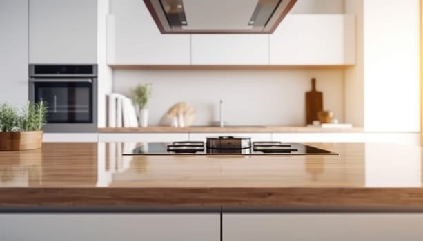 Empty top wooden kitchen counter with white kitchen in the background. Generative AI.