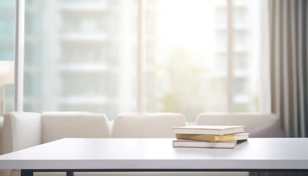 White empty table with modern living room in the morning. Generative AI.