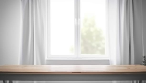 Wooden table with copy space and window background with curtains. Generative ai.