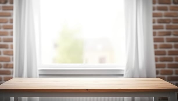 Empty wooden table with brick wall and window background. Generative AI.