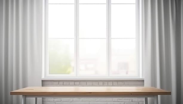 Wooden table with copy space and window background with curtains. Generative ai.