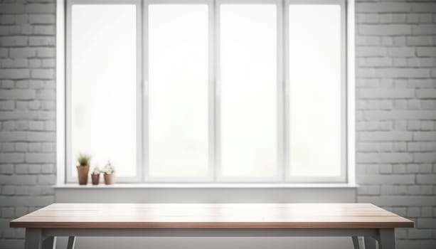 Empty wooden table with copy space in white living room with window. Generative AI.