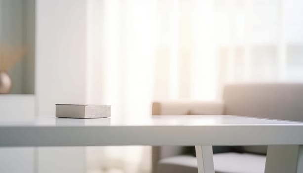 White empty table with modern living room in the morning. Generative AI.