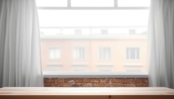 Empty wooden table with brick wall and window background. Generative AI.