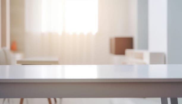 White empty table with modern living room in the morning. Generative AI.