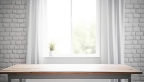 Wooden table with copy space and window background with curtains. Generative ai.