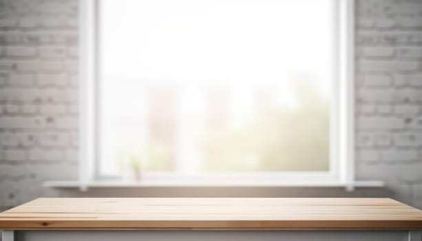 Empty wooden table with copy space in white living room with window. Generative AI.