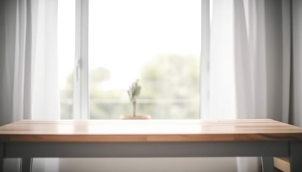 Wooden table with copy space and window background with curtains. Generative AI.
