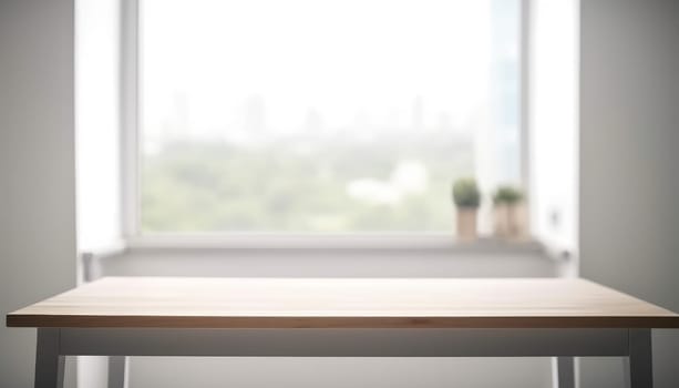 Empty wooden table with copy space in white living room with window. Generative AI.