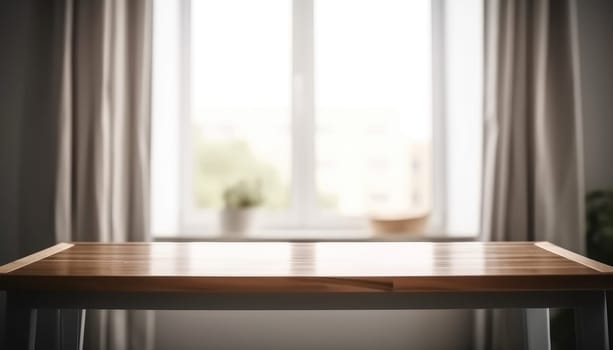 Wooden table with copy space and window background with curtains. Generative AI.