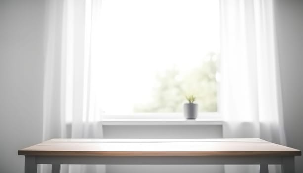 Wooden table with copy space and window background with curtains. Generative ai.