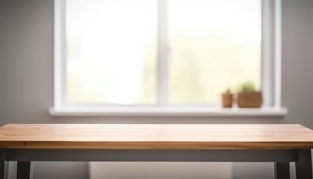 Empty wooden table with copy space in white living room with window. Generative AI.