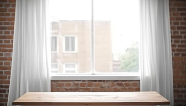 Empty wooden table with brick wall and window background. Generative AI.