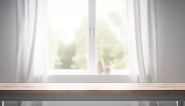Wooden table with copy space and window background with curtains. Generative ai.