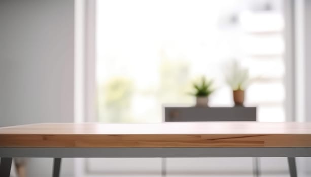 Empty wooden table with copy space in white living room with window. Generative AI.