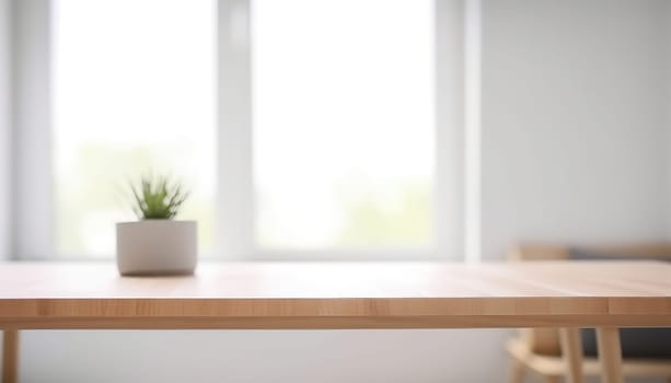 Empty wooden table with copy space in white living room with window. Generative AI.