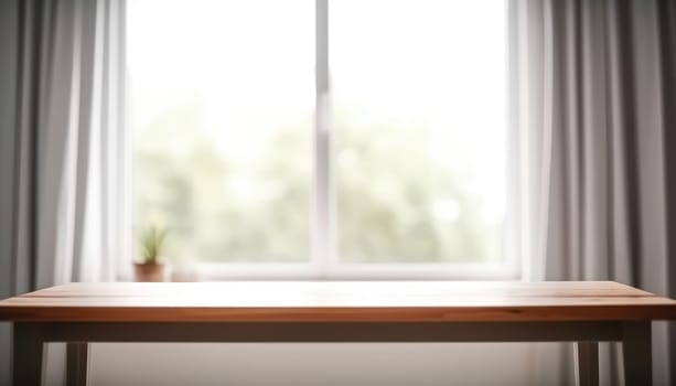 Wooden table with copy space and window background with curtains. Generative AI.