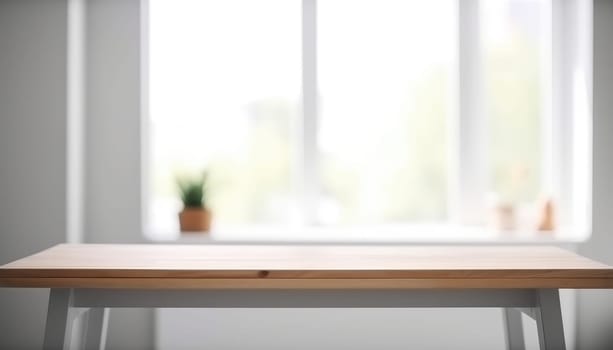Empty wooden table with copy space in white living room with window. Generative AI.